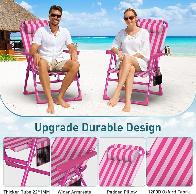 Suteck Backpack Beach Chairs for Adults 2 Pack 6-Position Folding Reclining Chair with Cooler Bag &amp Cup Holder Lightweight Portable Beach Chair for Camping Outdoor Sand Travel Use