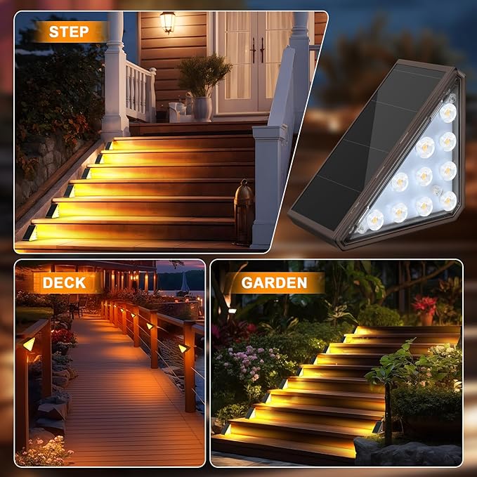 8 Pack Solar Stair Lights Outdoor Step Lights with Waterproof IP67 Warm White LED Solar Light for Outside Light Decor for Stair Deck Front Step Front Porch Patio and Backyard