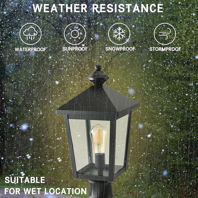 Outdoor Post Light with GFCI Outlet Dusk to Dawn Aluminum Pole Lantern with Built-In Weatherproof Socket IP65 Waterproof Post Light Fixture with Clear Glass Shade Black for Yard Pathway Garden