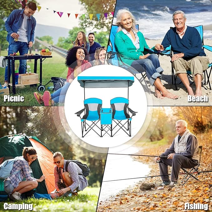 GYMAX Double Camping Chair Beach Chair with Canopy Shade Adjustable UV Protection Cooler Cup Holder &amp Carry Bag Folding Portable Lawn Soccer Camp Chair with Umbrella for Adults (Blue 2 Perso