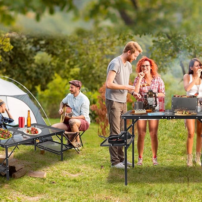 REDCAMP 36x24 Folding Grill Table for Outside with 2 Side Tables Lightweight Portable Metal Aluminum Outdoor Grill Table with Adjustable Height Legs Great for Camping Picnic Cooking BBQ Black 3ft
