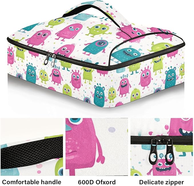 Casserole Carrier Colorful Pattern Cute MonstersInsulated Casserole Carrier for Hot or Cold Food Thermal Lunch Tote for Potluck Parties Picnic Beach Fits 9 x 13 Inches Baking Dish