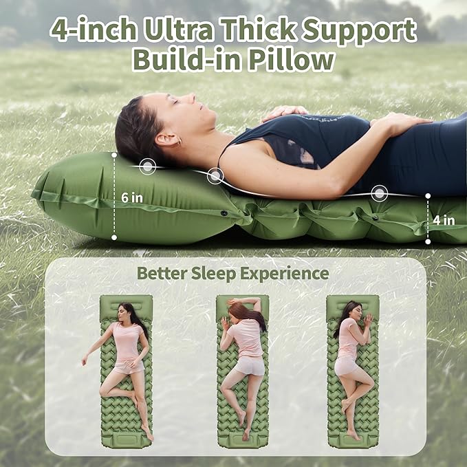 Sleeping Pad for Camping - 4” Thick Inflatable Camping Mat with Built-in Pump &amp Pillow Ultralight Self Inflating Camping pad Backpacking Sleeping Mat for Hiking Tent Traveling