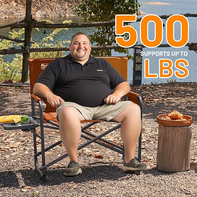 TIMBER RIDGE XXL Director’s Chair – Heavy Duty Folding Chair with Side Table 500 lb Capacity Extra Wide Padded Seat for Camping Sports Beach Patio and Outdoor Use Orange-2 Pack