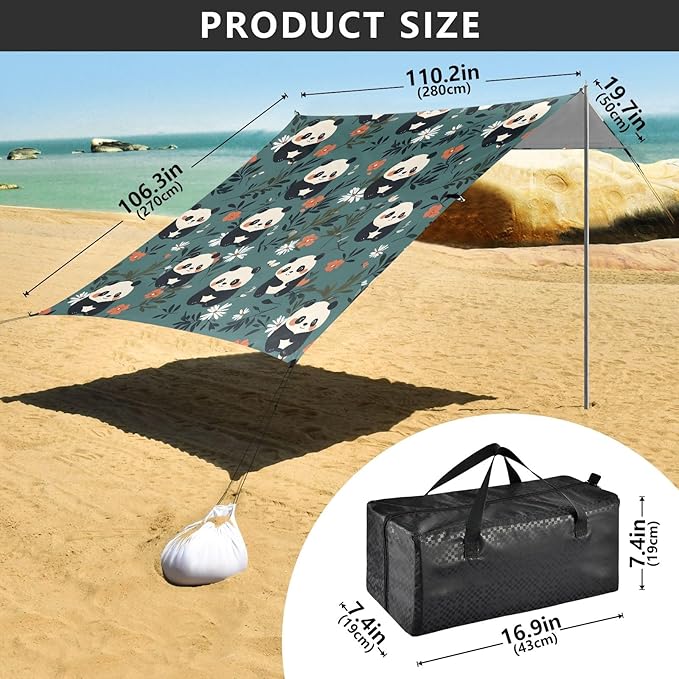 Camping Sun Shelters Panda White Pink Flowers Pattern Beach Canopy 126 * 110.2in
