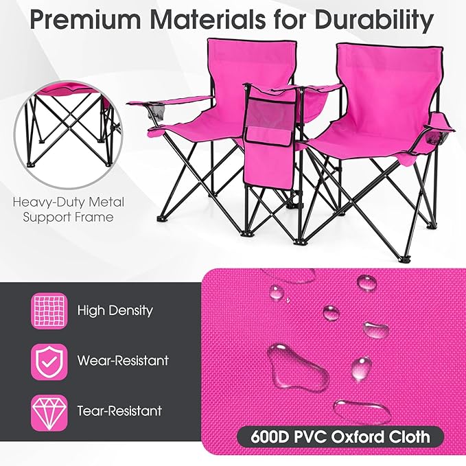 Beach Chair with Umbrella Portable Camping Chair with Cooler Bag Cup Holders Side Pocket Carrying Bag Double Folding Chair for Picnic Patio Canopy Outside (Pink)