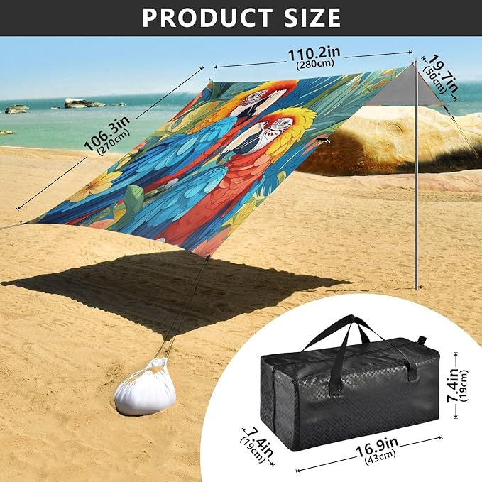 Macaw Pattern Beach Tent Sun Shelter 9.2' x 10.5' Beach Canopy with 4 Sandbags 4 Stability Poles Sand Shovels - Tent Canopy for Beach Camping Fishing Picnics