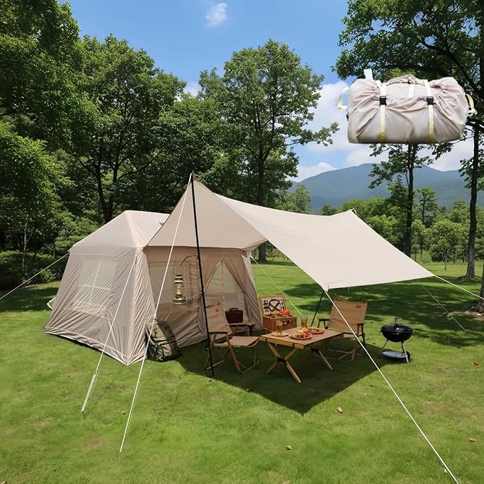 Inflatable Camping Tent with Stove Jack4 Season Hot Tent for Camping61.5sq ft Easy Setup Air Tent with Detachable Top &amp Windproof Canopy for Camping Adult 4-6 PersonIncludes Electric Air Pump