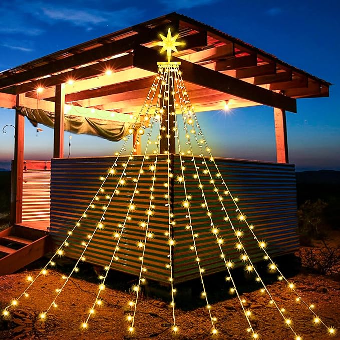 PUHONG Christmas Decoration Dippers Star String Lights16.4Ft 320 LED Christmas Tree Lights [8 Modes &amp Waterproof]with 11 Lighted Star for Halloween Xmas New Year Holiday Birthday (Warm White)