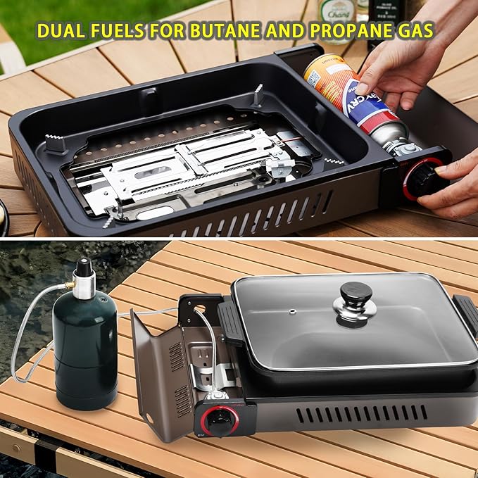 ONLYFIRE OUTDOOR LIVING Portable Propane Gas Stove with Grill Pan and Lid Butane Camping Stove Instant Ignition for Patio Backyard Home Cooking Camping RV Tailgating Emergency Use GS349