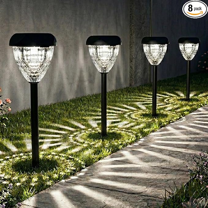 Ensenior Solar Pathway Lights Outdoor - 14.17 Height 6500K LED Landscape Garden Lights IP65 Waterproof Tool-Free Auto ON/Off for Garden Yard Patio Walkway Landscape 8-Pack