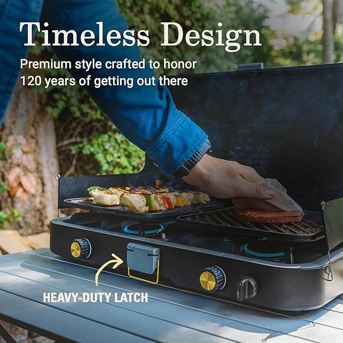 Coleman 1900 Collection 3-in-1 Propane Camping Stove Cast Iron Grill &amp Griddle Accessories Included 24000 BTUs Across 2 Adjustable Burners with Wind Guards &amp Matchless Lighting