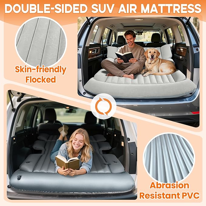 AearKing SUV Air Mattress Thickened Car Air Mattress SUV Mattress for Truck Double-Sided Inflatable car Bed with 2 Pillows &amp Air Pump Car Camping Mattress Back Seat Inflatable Bed for Suvs