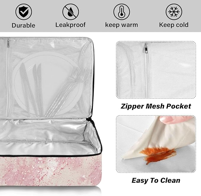 Casserole Carrier Pattern Light Pink and White PrintInsulated Casserole Carrier for Hot or Cold Food Thermal Lunch Tote for Potluck Parties Picnic Beach Fits 9 x 13 Inches Baking Dish