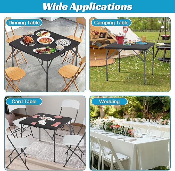 34 Square Folding Plastic Table - Portable Fold-in-Half Utility Dining Party Table with Carrying Handle No Assembly Required for Indoor/Outdoor Wedding Picnic Camping Black