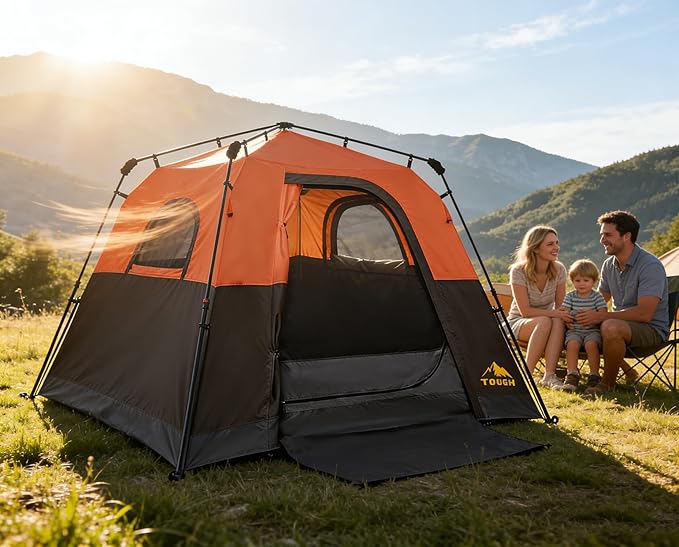 3/4 Person Camping Tent with 1 Door 4 Windows and Upgraded Ventilation– Instant Setup Waterproof 8'x 8'x 67''Oxford Fabric Floor Pop Up in 60 Seconds Includes Rainfly and Backpack