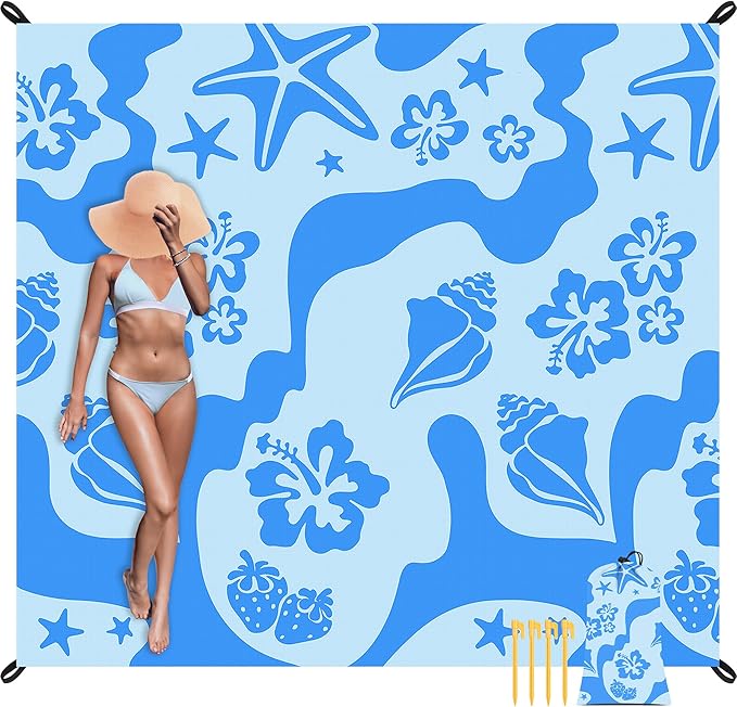 Beach Blanket Waterproof Sandproof 78”x 86” Large Sand Free Beach Mat with 4 Stakes &amp Portable Bag Big Flodable Compact Outdoor Picnic Blanket