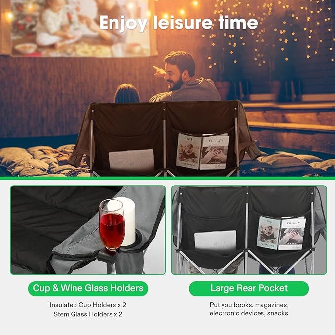 VIVOSUN Double Camping Chair Fully Padded Folding Loveseat Oversized Duo Chair with Cup &amp Wine Glass Holders Pocket Armrests &amp Carry Bag