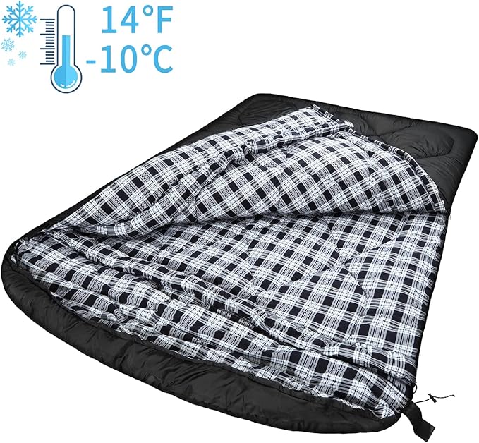 AGEMORE 0 Degree Double Sleeping Bag for Adults Cotton Flannel Lined 2 Person Queen Size Warm Sleeping Bag for Family Winter Camping or RV Traveling