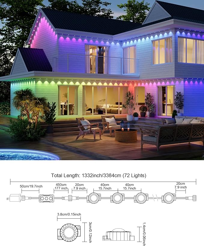 Permanent Outdoor Lights 111ft with Smart 72 LED Light with App Control DIY Scene Modes IP65 Waterproof Christmas Outdoor Lights Outside Roofline Decor Garden Decor Party Holiday Xmas