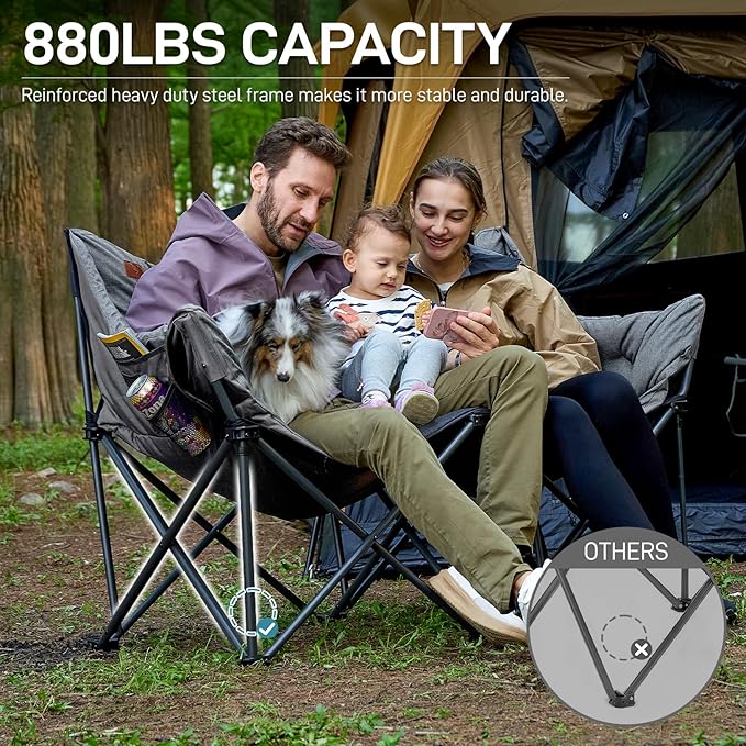 EVER ADVANCED Extra Large Double Camping Chair for Adults Family Size Padded Folding Camping Love Seat Bench with Side Pocket Portable Camping Couch Two Person Heavy Duty Folding Outdoor Chair