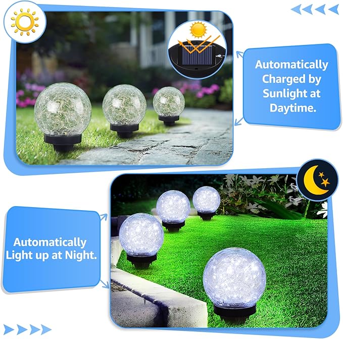 2-Pack Garden Solar Lights Outdoor Cracked Glass Ball Light Waterproof Decorative Solar Powered Globe Lighting Cool White for Yard Pathway