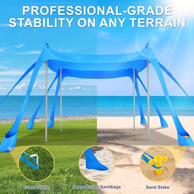 Beach Tent Sun Shelter UPF 50+10x10 FT Beach Canopy Tent Sun ShadePop Up Beach Canopy with 8 Sandbags Outdoor Beach Shade for Camping Trips Fishing Backyard Fun Picnics (Sky Blue)
