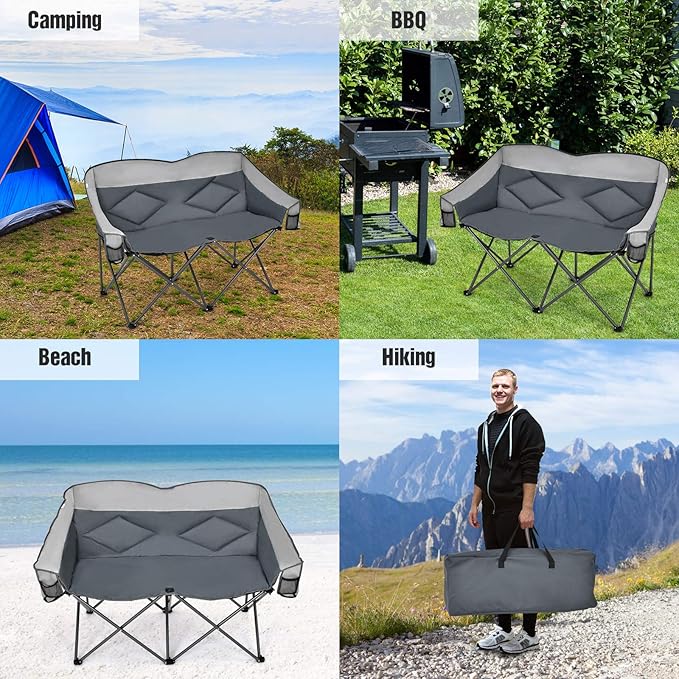 Loveseat Camping Chair Double Folding Chair Support 500 LBS Heavy Duty for 2 Adults Oversize Camp Seat with Storage Bags Backrest Padded Wide Camp Seat for Outside Picnic Beach (Grey)