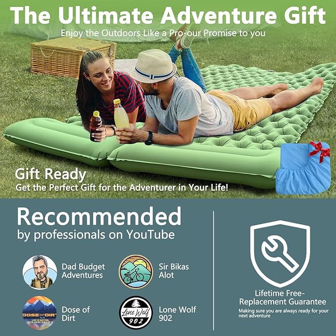 Double Sleeping Pad: Self Inflating Camping Pad Mattress for Backpacking &amp Outdoor Trips | 4 Thick for Ultimate Comfort | Lightweight &amp Compact | Sleeping Mats for Beachs Hiking &amp Car Tr