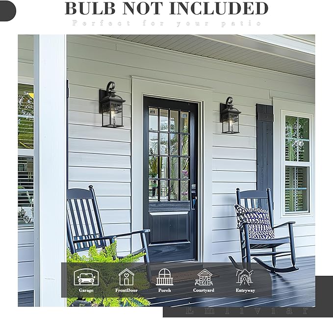 Emliviar 2 Pack Outdoor Wall Lanterns 15 Modern Wall Mount Lamps for House Black Finish with Water Ripple Glass DE281B-2PK BK-WP