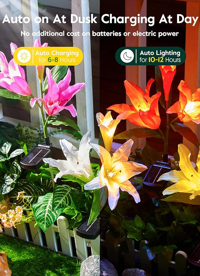 Brightown Solar Lights Outdoor 4 Pack Solar Garden Lights with Larger &amp More Realistic Lily Flowers Waterproof Outdoor Solar Lights for Yard Patio Lawn Pot Decoration
