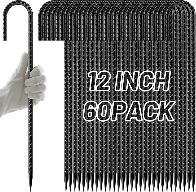 AAGUT Rebar Stakes 12 Inch 60 Pack J Hook Premium Black Coated Ground Garden Anchors Heavy Duty Superior Rust Resistance Chain Link Fence Stakes for Camping Tent Inflatables Lawn Decor
