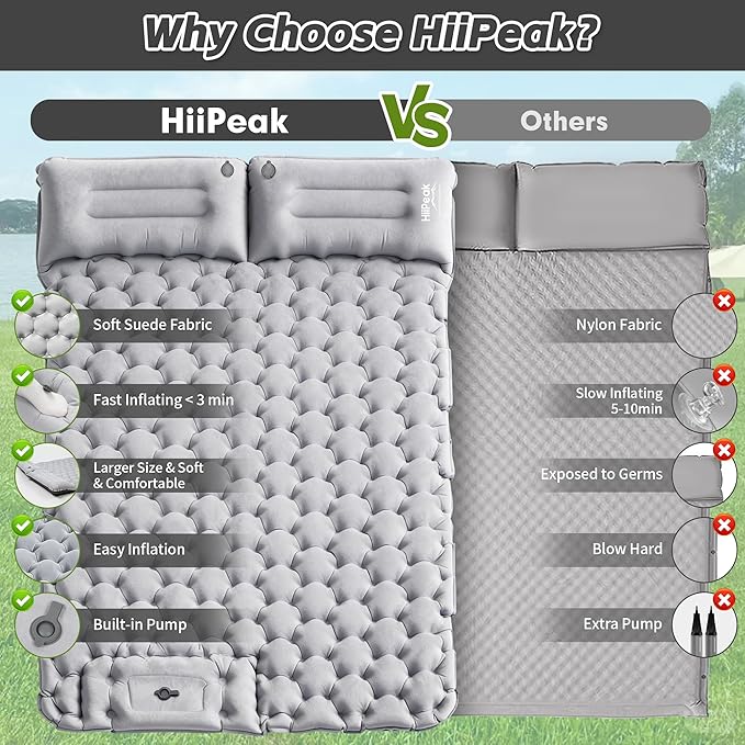 HiiPeak Double Sleeping Pad for Camping - Ultralight Camping Mattress with Pillow Built-in Foot Pump Compact Inflatable 2-Person Portable Mat for Backpacking Hiking Car Traveling Beach Tent