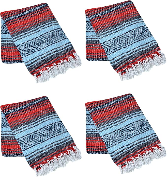 La Montana Mexican Blankets and Throws 4 Pack 74x50 - Made in Mexico Lightweight Yoga Blanket for Schools Studios Outdoors Camping Picnic Decor - Washable Red/Light Blue/Charcoal