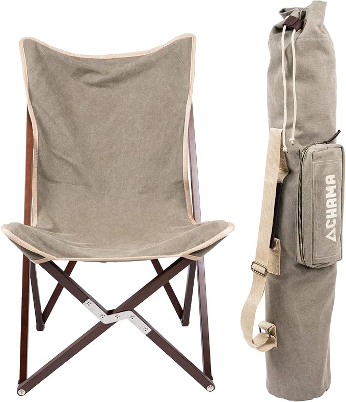 CHAMA Vaquero Chair &amp Travel Bag - Slate and Bone- Beautiful Outdoor Wood and Canvas Portable Folding Chair Ideal for Camping Patios Lawns or Indoor Use - Supports 300 lbs