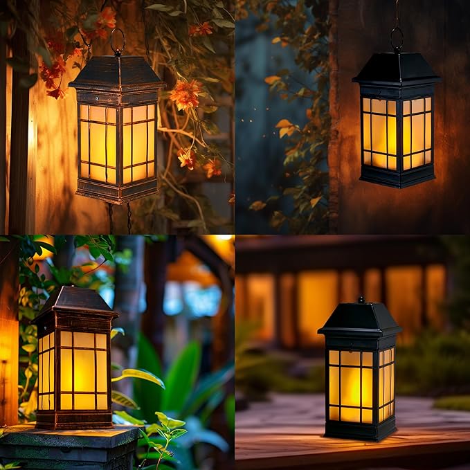 15.5 Solar Lantern Outdoor Waterproof Glass Flickering Flame Solar Lanterns Hanging Metal Lantern Decorative for Patio Front Porch Garden Backyard Tabletop Party Decoration
