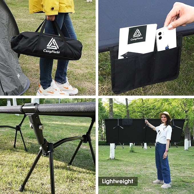 CAMPNACHT Ultralight Camping Cot with Leg Extenders Aluminum Lightweight Folding Cot for Adults Portable Backpacking Compact Tent Cot for Outdoor Hiking 1 Pack with 2 Use Modes Black