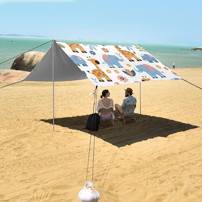Giraffes Elephants Camping Sun Shelter Beach Tent Portable Beach Sun Shade Outdoor Canopy for Camping Trips Fishing Picnic