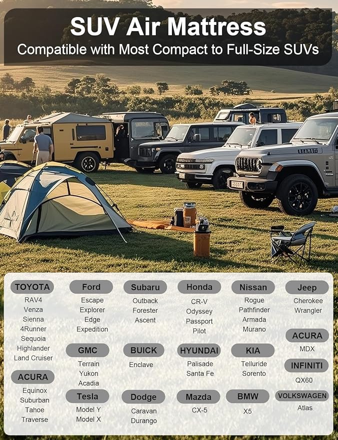 Umbrauto SUV Air Mattress for Back Trunk Folded Backseat Inflatable Car Camping Bed for Sleeping Travel Flocked Surface Reinforced Bottom Fits Most Size SUVs with Pump Pillows Carry Bag