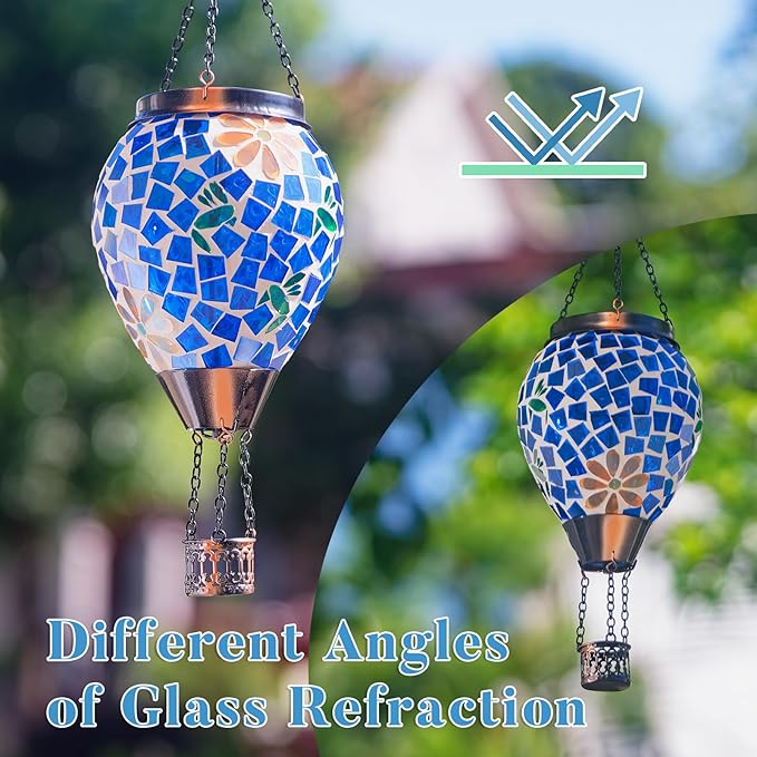Hummingbird Solar Hot Air Balloon Lantern with Flame Blue Hanging Mosaic Solar Lantern Outdoor Waterproof Outdoor Solar Lights for Yard Gardening Gift for Mom Grandma Women