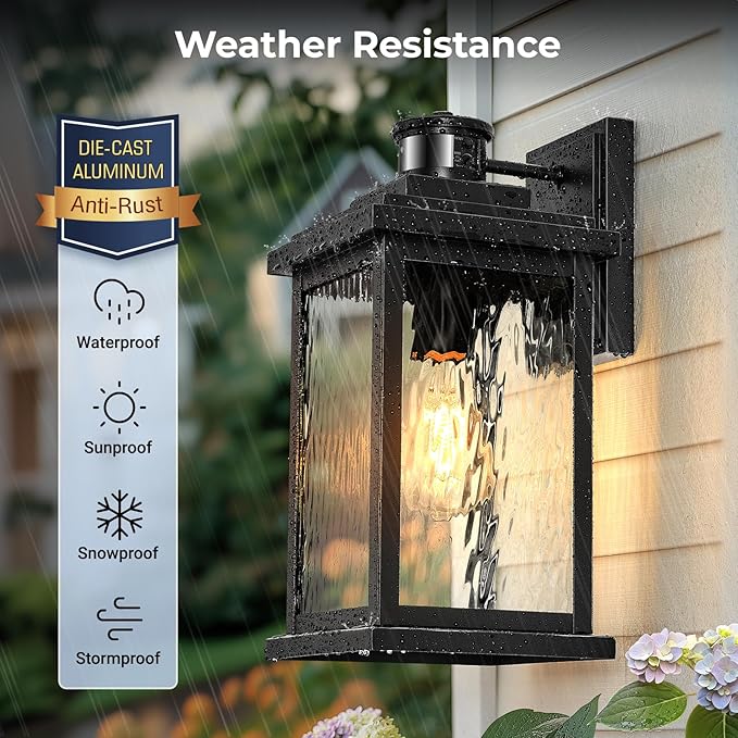 VIANIS 2 Pack Large Advanced Motion Sensor Outdoor Lights Black Easy-to-Install Dusk to Dawn Outdoor Wall Lights Aluminum Waterproof Porch Light with Water Glass for Porch Garden Front Door