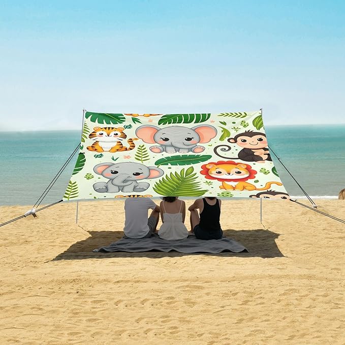 Cute Jungle Animals Palm Leaf Camping Sun Shelter Beach Tent Portable Beach Sun Shade Outdoor Canopy for Camping Trips Fishing Picnic