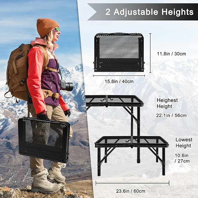 jkwokback Grill Table Camping Table Portable Folding TableHeight Adjustable Collapsible with Mesh DesktopLightweight Metal Table for Camp BBQ Picnic RV Outdoor Cooking Travel