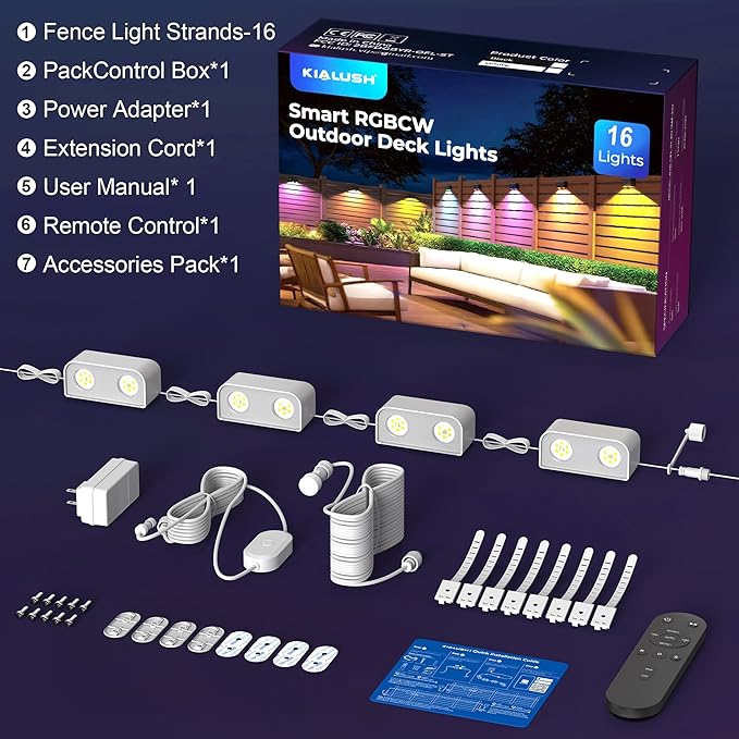 Outdoor Deck Lights 16 Lights Smart Fence Lights Compatible with Alexa &amp Google Home IP65 LED Patio Deck Lighting with Remote Fence Lighting Music Sync for Patio Yard Garden(104.8ft)