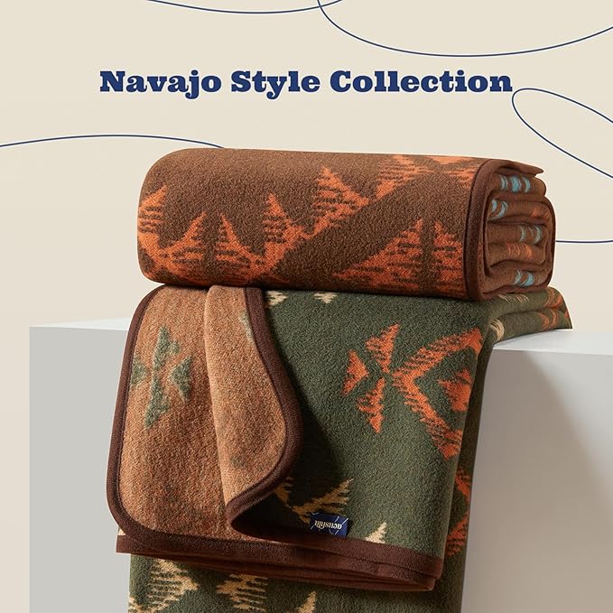 ACUSHLA Merino Wool Blanket - Soft Warm Thick Washable Large Throw Blanket for Camping Bed Couch Outdoor Travel All Weather Navajo Style Green 79X63