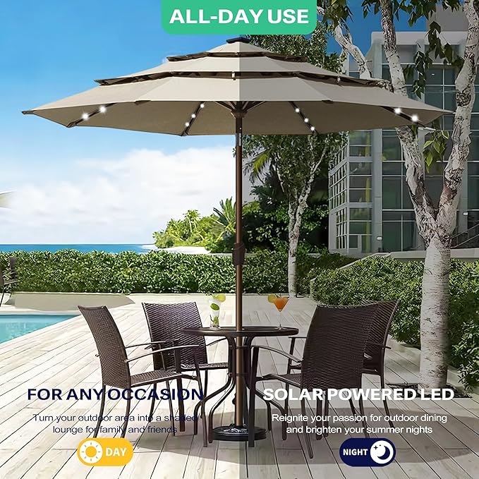 EliteShade USA 10-Year-Non-Fading 10Ft 3 Layers Market Umbrella with 80 LED Lights Patio Umbrella Outdoor Table Umbrella with Ventilation(Beige)