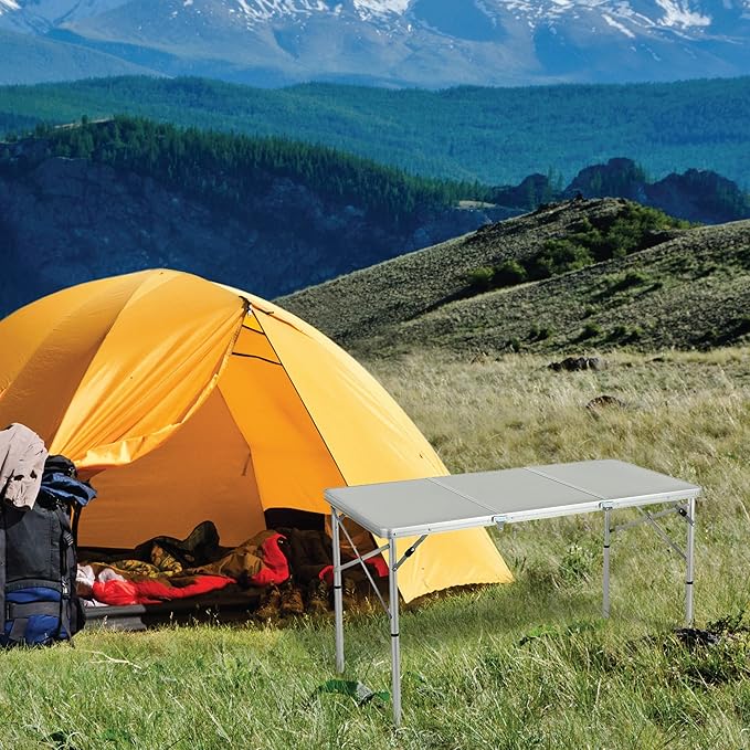 ARROWHEAD OUTDOOR 4’ ft Heavy-Duty Portable Aluminum Frame Folding Table w/Leveling Feet Solid Tabletop Surface 2 Adjustable Heights Carrying Case Included Lightweight USA-Based Support