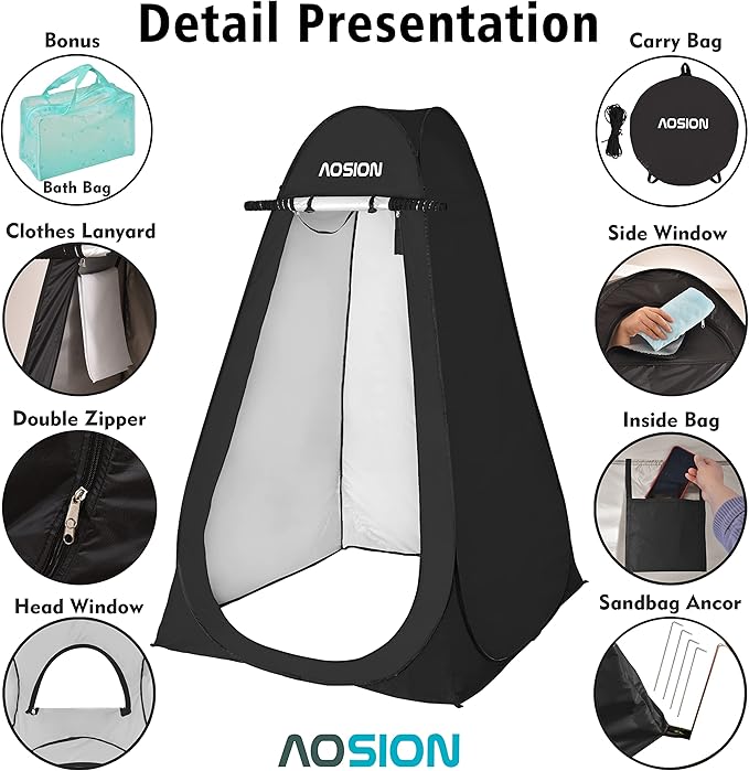 AOSION Privacy Shower TentPop Up Changing TentCamp Bathroom Changing Dressing RoomSun Sunshade Canopy Outdoor Rain Shelter for Camping Hiking Beach Picnic Fishing. (Black)