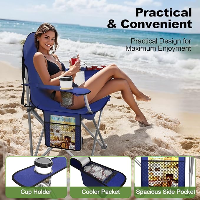 Folding Camping Chairs Durable 600D Oxford Portable Outdoor Chair with Cooler Pouch Cup Holder &amp Storage Pocket for Camping Beach Fishing