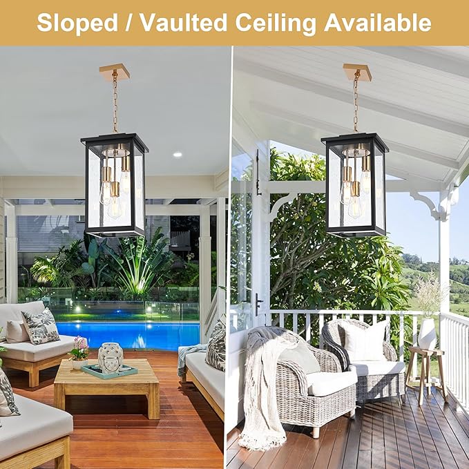 TODOLUZ 3-Lights Large Outdoor Pendant Light Waterproof Exterior Height Adjustable Hanging Lighting with Seeded Glass Panel &amp E26 Bulb Base Modern Porch Ceiling Lamp for Porch Patio Garden